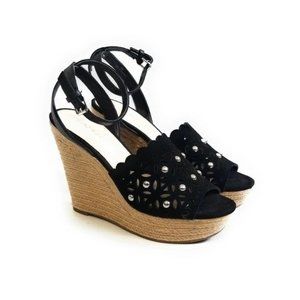 Marc Fisher Hata Black Suede Studded Chunky Platform Wedge Sandals Size 8.5